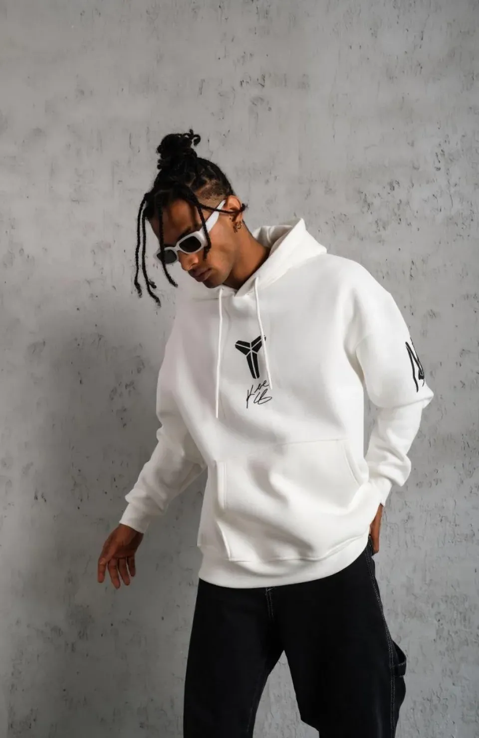 Erkek Baskılı Kapüşonlu Sweat - Beyaz