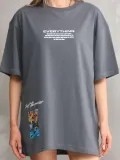 Unisex Bisiklet Yaka Baskılı Oversize T-Shirt - Gri Somersan Giyim | Kadın, Erkek ve Çocuk Moda