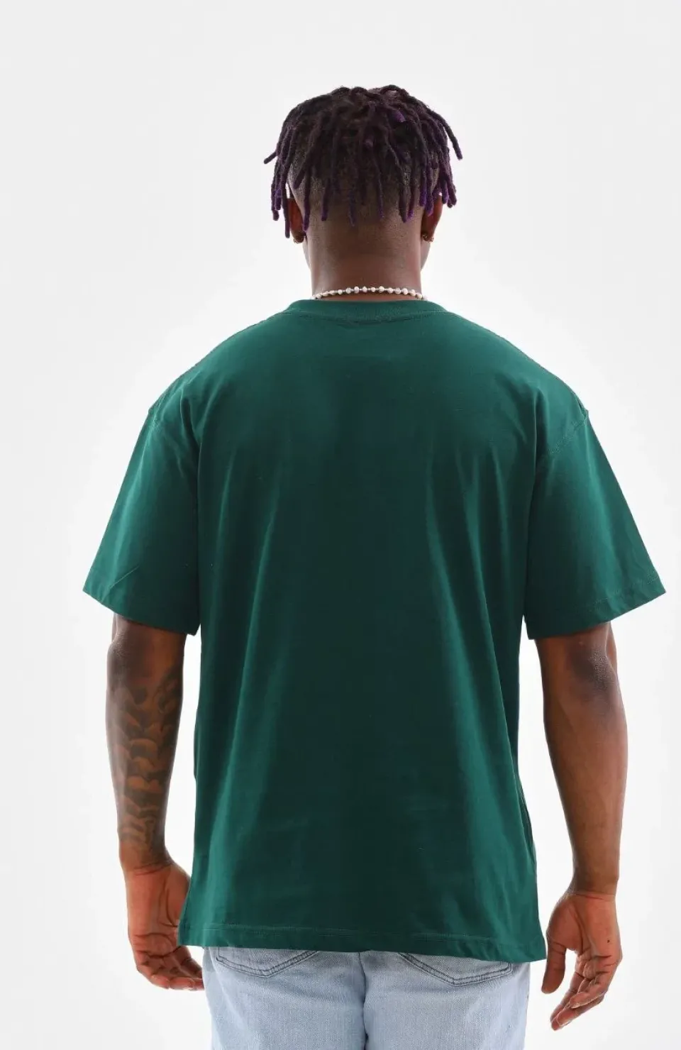 Unisex Oversize Düz Bisiklet Yaka T-Shirt - Koyu Yeşili