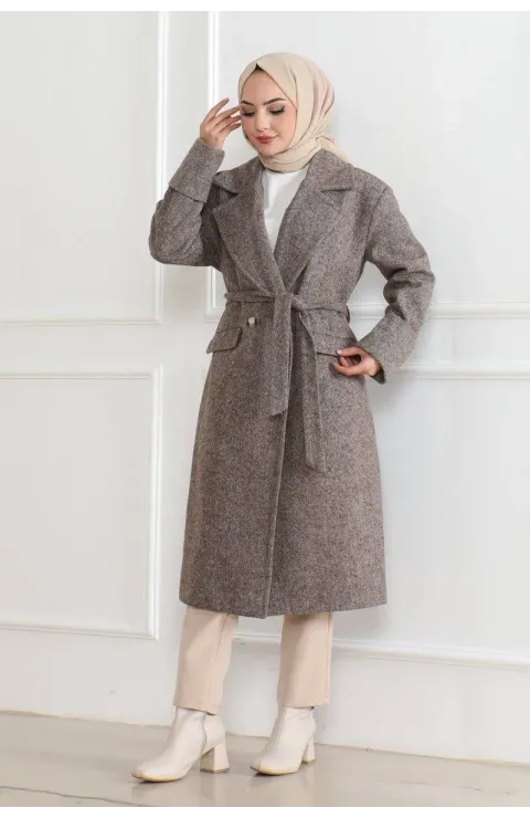 Beli Kuşaklı Yünlü Dokuma Kaşmir Kaban - Vizon