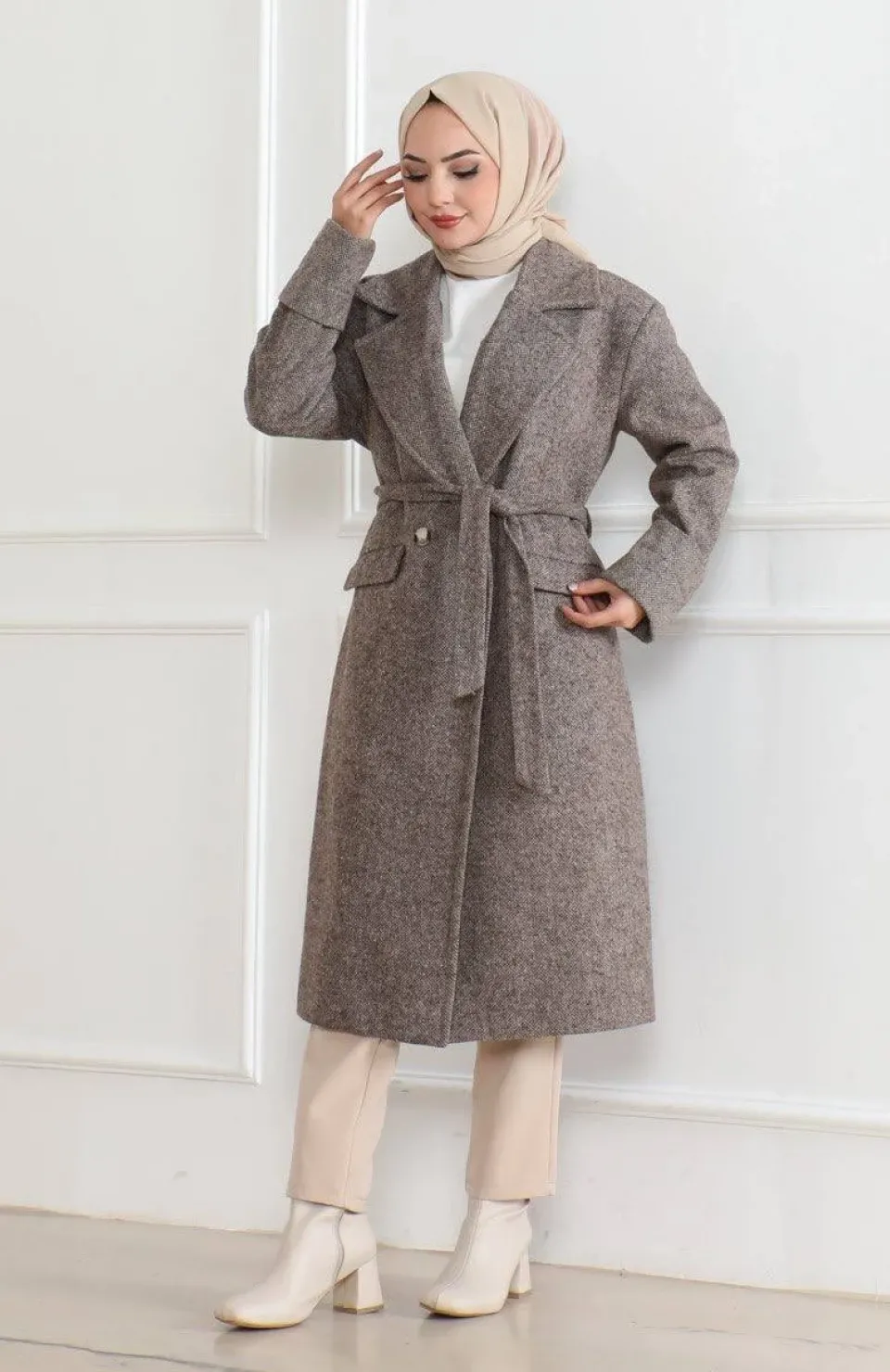 Beli Kuşaklı Yünlü Dokuma Kaşmir Kaban - Vizon Somersan Giyim | Kadın, Erkek ve Çocuk Moda