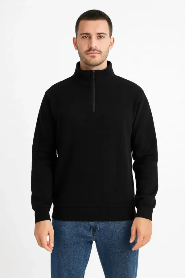 Erkek Dik Yaka Sweatshirt Dik Yaka Yarım Fermuarlı 3 İplik Şardonlu Pamuk Kumaş - Siyah