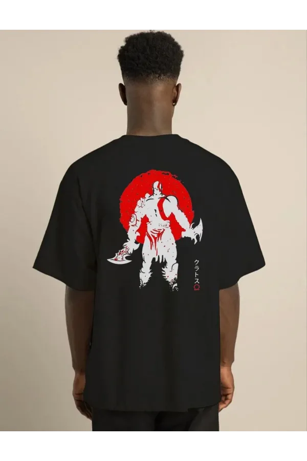 Unisex Bisiklet Yaka Baskılı Oversize T-Shirt - Siyah