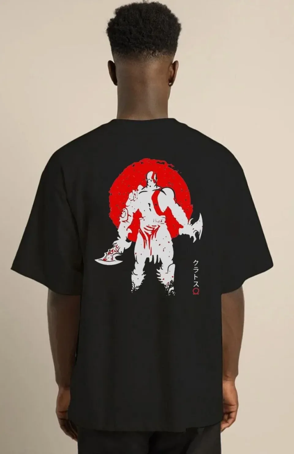 Unisex Bisiklet Yaka Baskılı Oversize T-Shirt - Siyah