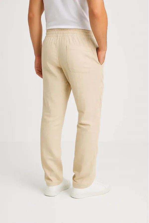 Erkek Keten Pantolon – Cepli, Beli Lastikli ve Bağcıklı, Nefes Alan Rahat Kalıp, Yazlık ve Baharlık Günlük Giyim, Şık & Konforlu Boru Paça Model - Bej