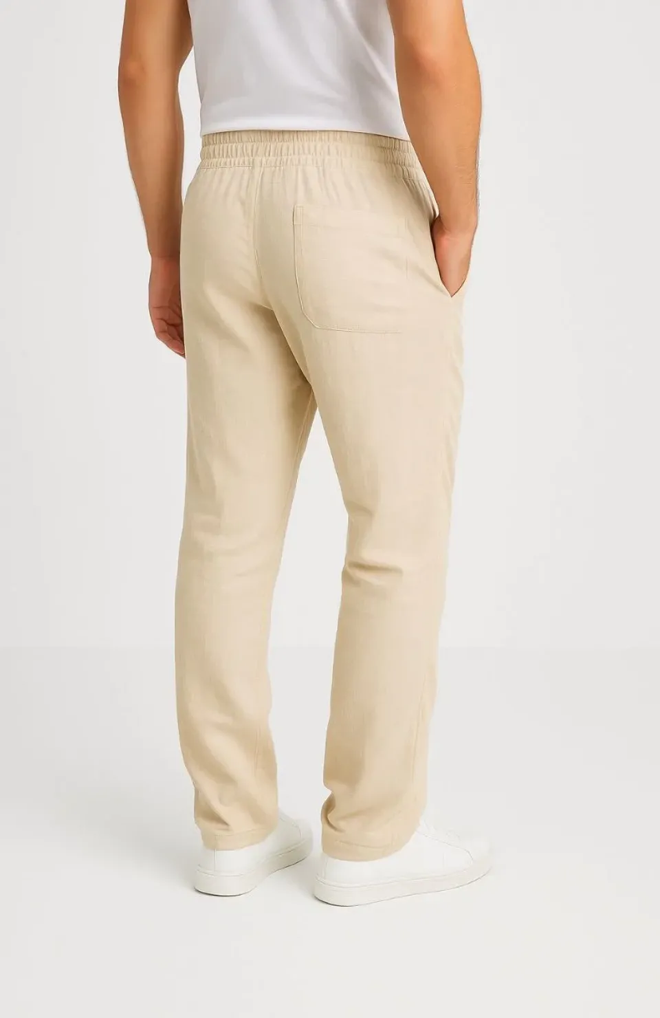 Erkek Keten Pantolon – Cepli, Beli Lastikli ve Bağcıklı, Nefes Alan Rahat Kalıp, Yazlık ve Baharlık Günlük Giyim, Şık & Konforlu Boru Paça Model - Bej