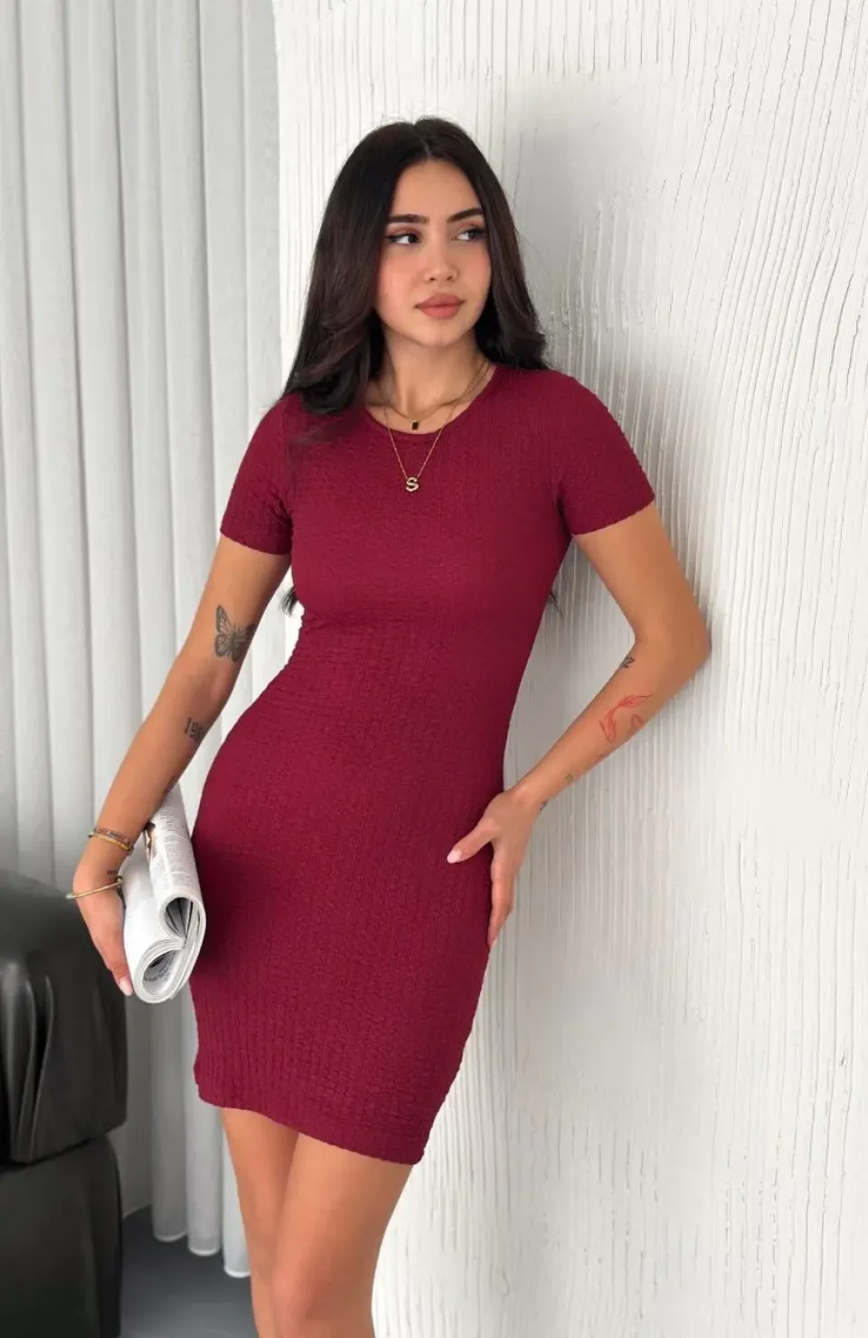 Kadın Bisiklet Yaka Kısa Kol Likralı Elbise - Bordo