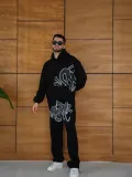 Erkek Kapüşonlu Eşofman Takım Graffiti Baskılı Oversize Rahat Kalıp, Kanguru Cepli, Streetwear Tarzında Premium Ürün 3 iplik Pamuklu - Siyah