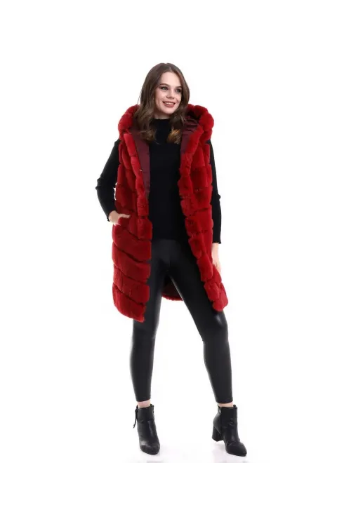 Kadın Kapşonlu Peluş Kürk Yelek Premium Kalite, Tam Astarlı, Uzun Model - Kırmızı