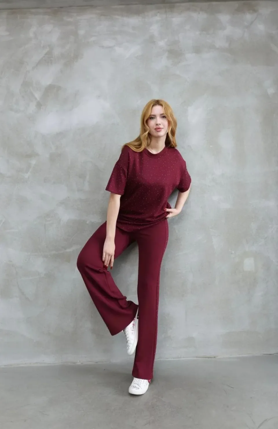 Osy Modal Yumuşak dokulu Kumaş Bisiklet Yaka Taş detaylı Kısa Kollu Takım - Bordo