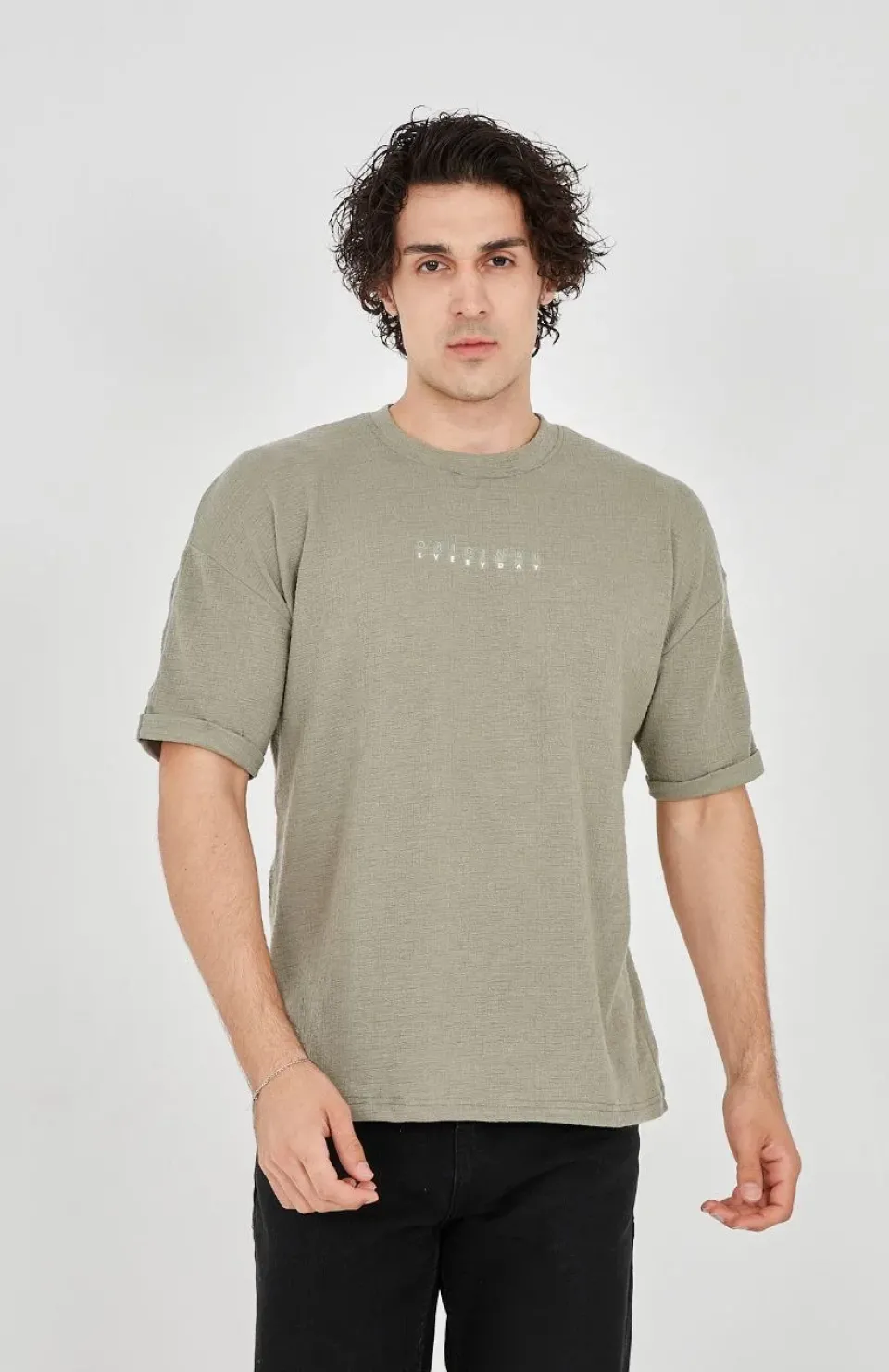 Unisex Jakar Kumaş Rahat Kol T-Shirt - Açık Yeşil