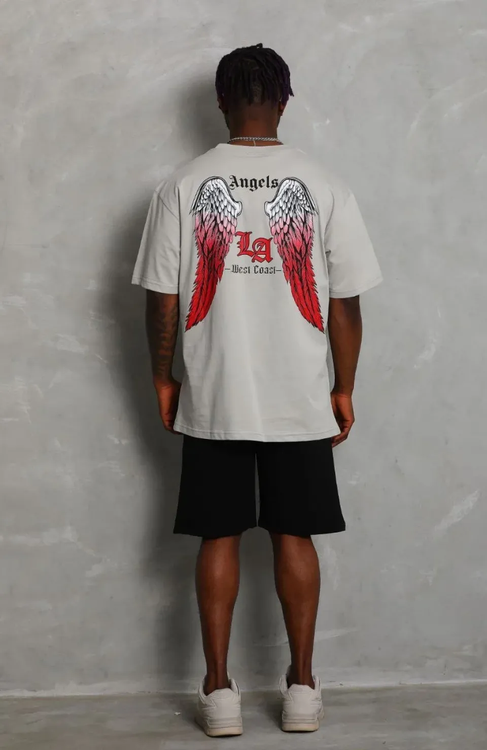 Unisex Oversize Baskılı Bisiklet Yaka T-Shirt - Gri