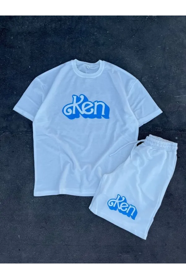 Erkek Baskılı İkili Şort Takım - Beyaz