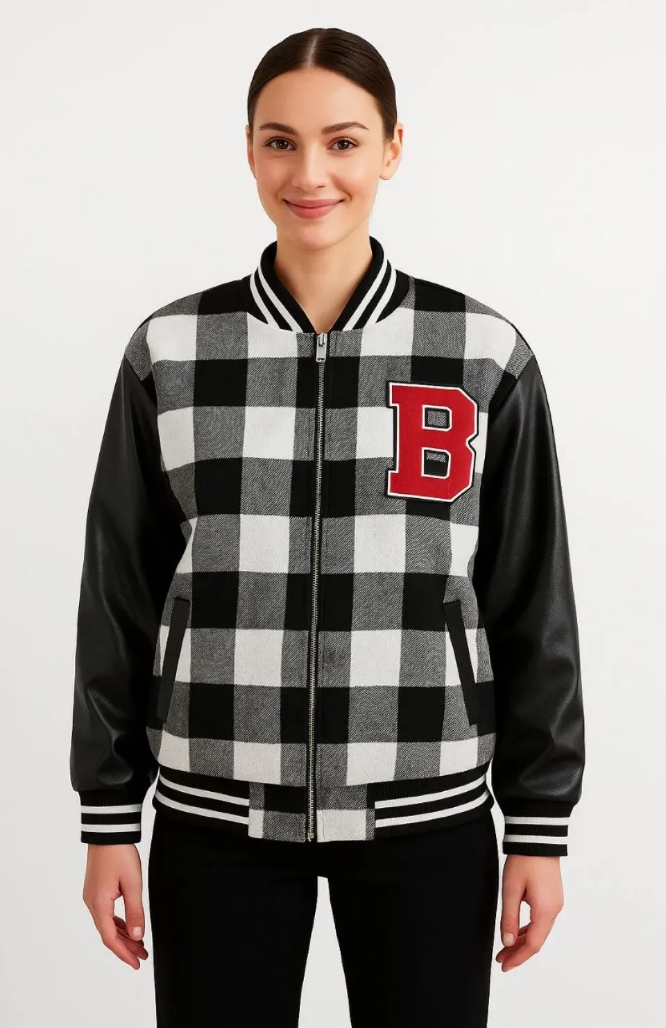 Kadın Kolej Ceket – Kareli Oduncu Kumaş, Kolları Suni Deri, Fermuarlı, İçi Kapitone Astarlı, Nakışlı Oversize Bahar & Kış Stil - Gri