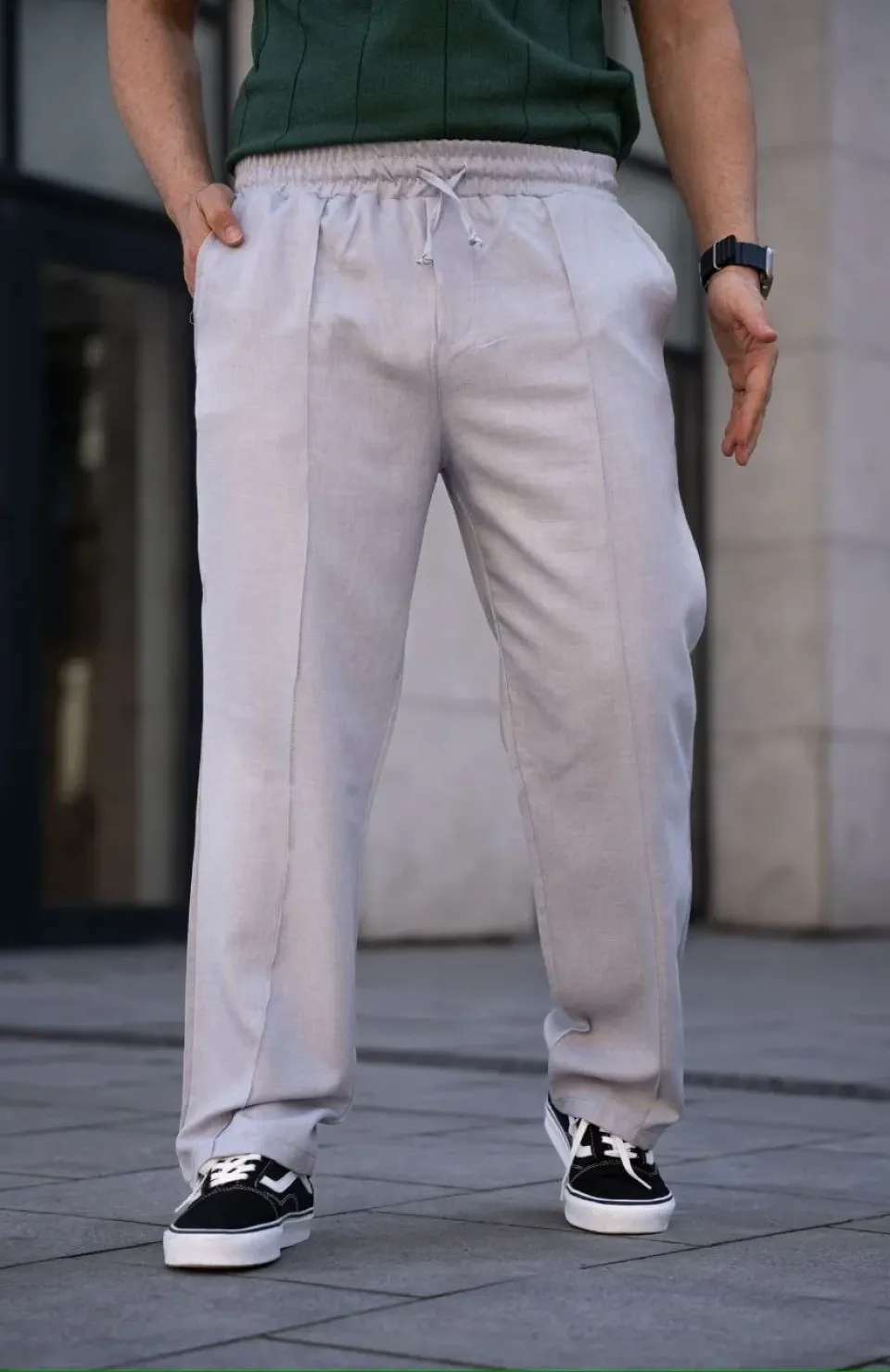 Erkek Keten Cepli Çıma Dikişli jogger Buggy Pantalon Rahat kalıp - Gri