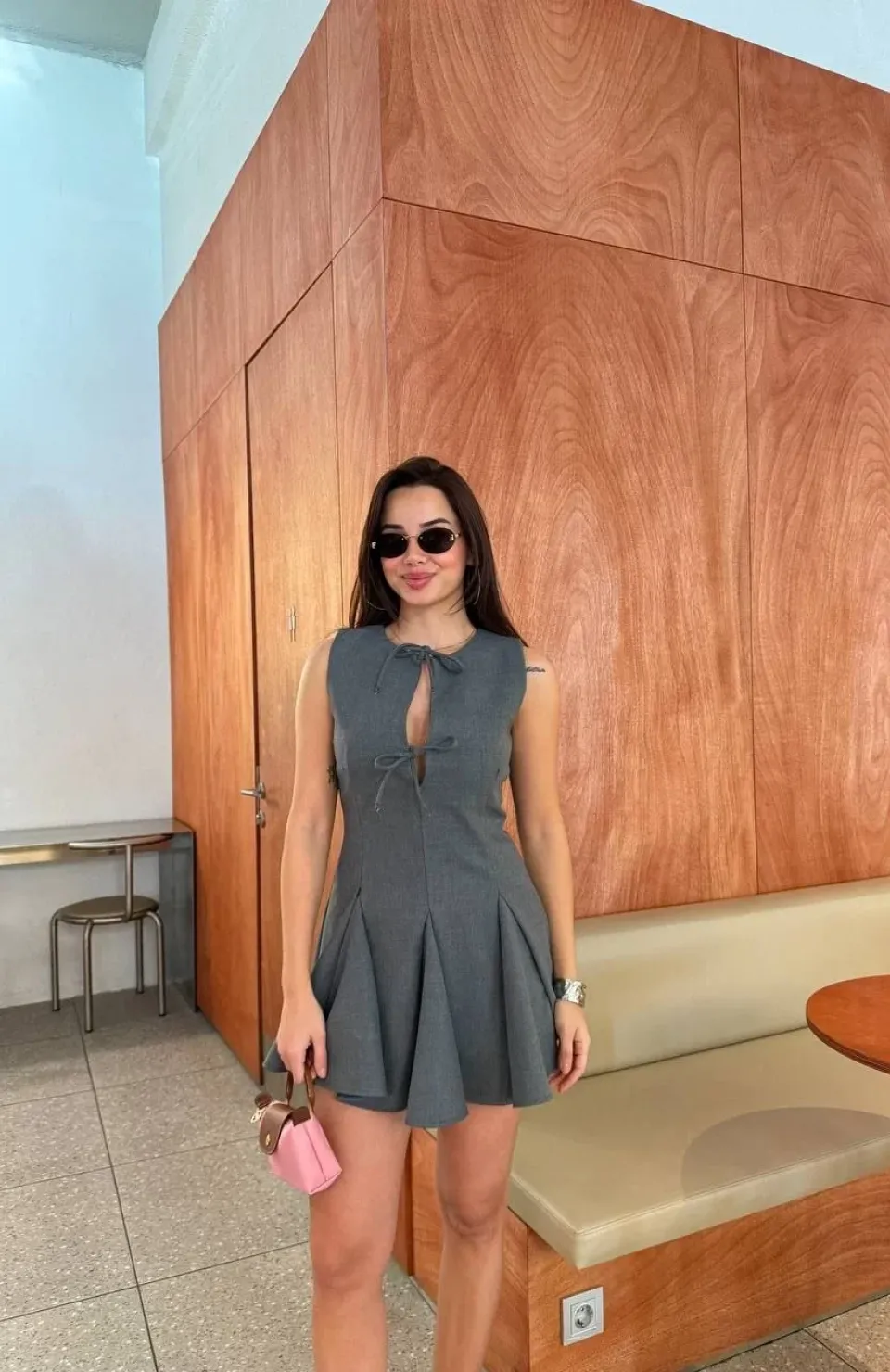 Bağcık detaylı Kolsuz Mini Elbise - Antrasit