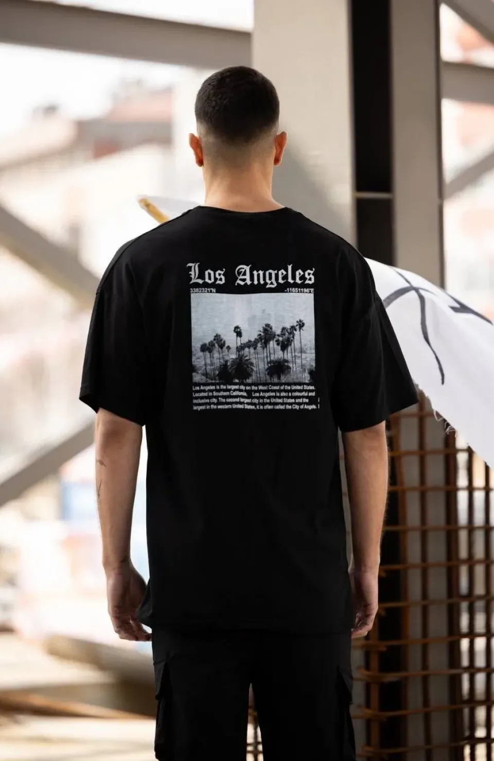 Unisex Bisiklet Yaka Baskılı Oversize T-Shirt - Siyah