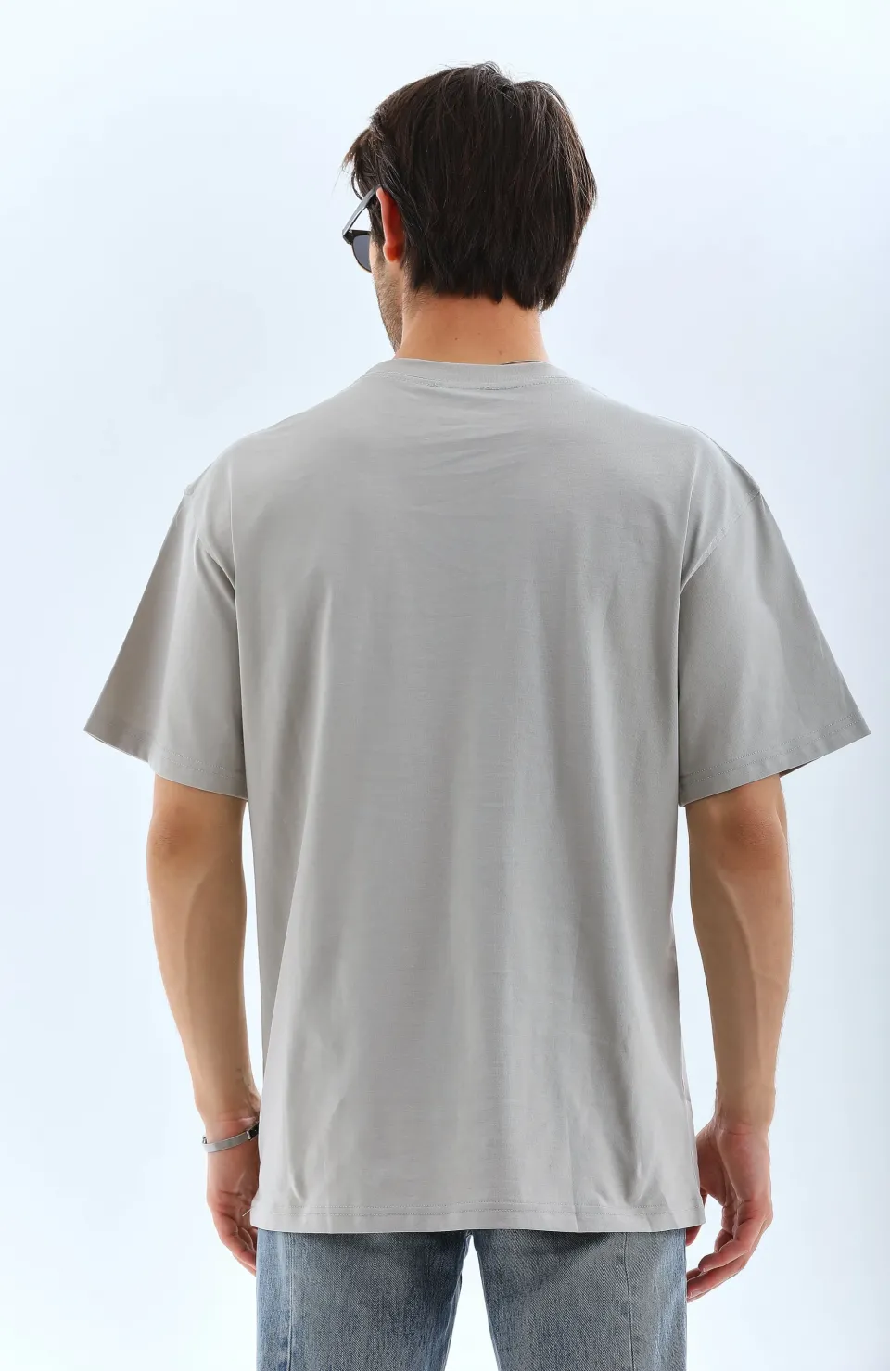 Unisex Oversize Taşlı Bisiklet Yaka T-Shirt - Gri