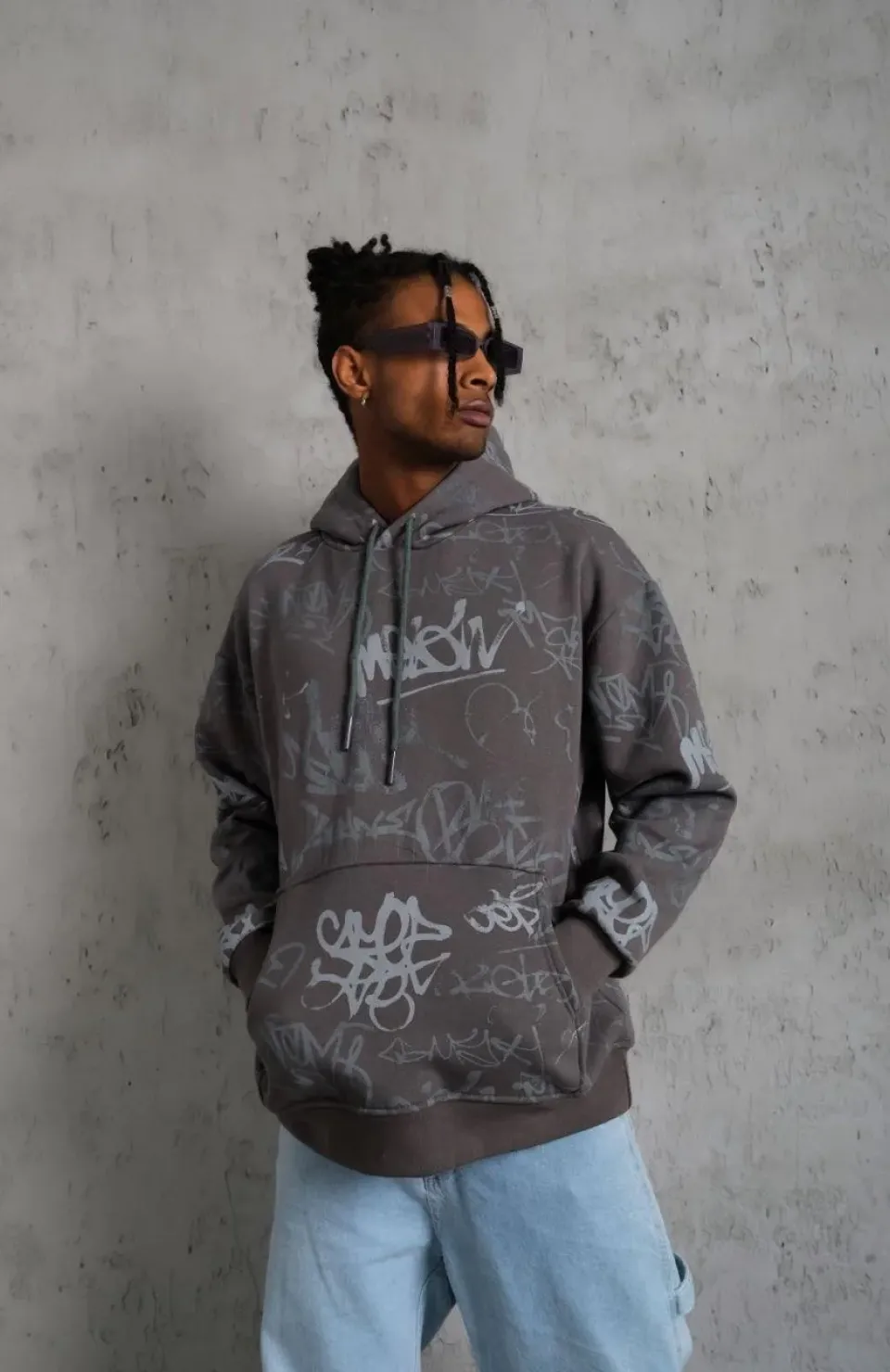 Erkek Baskılı Kapüşonlu Ribanalı Sweat - Gri Somersan Giyim | Kadın, Erkek ve Çocuk Moda