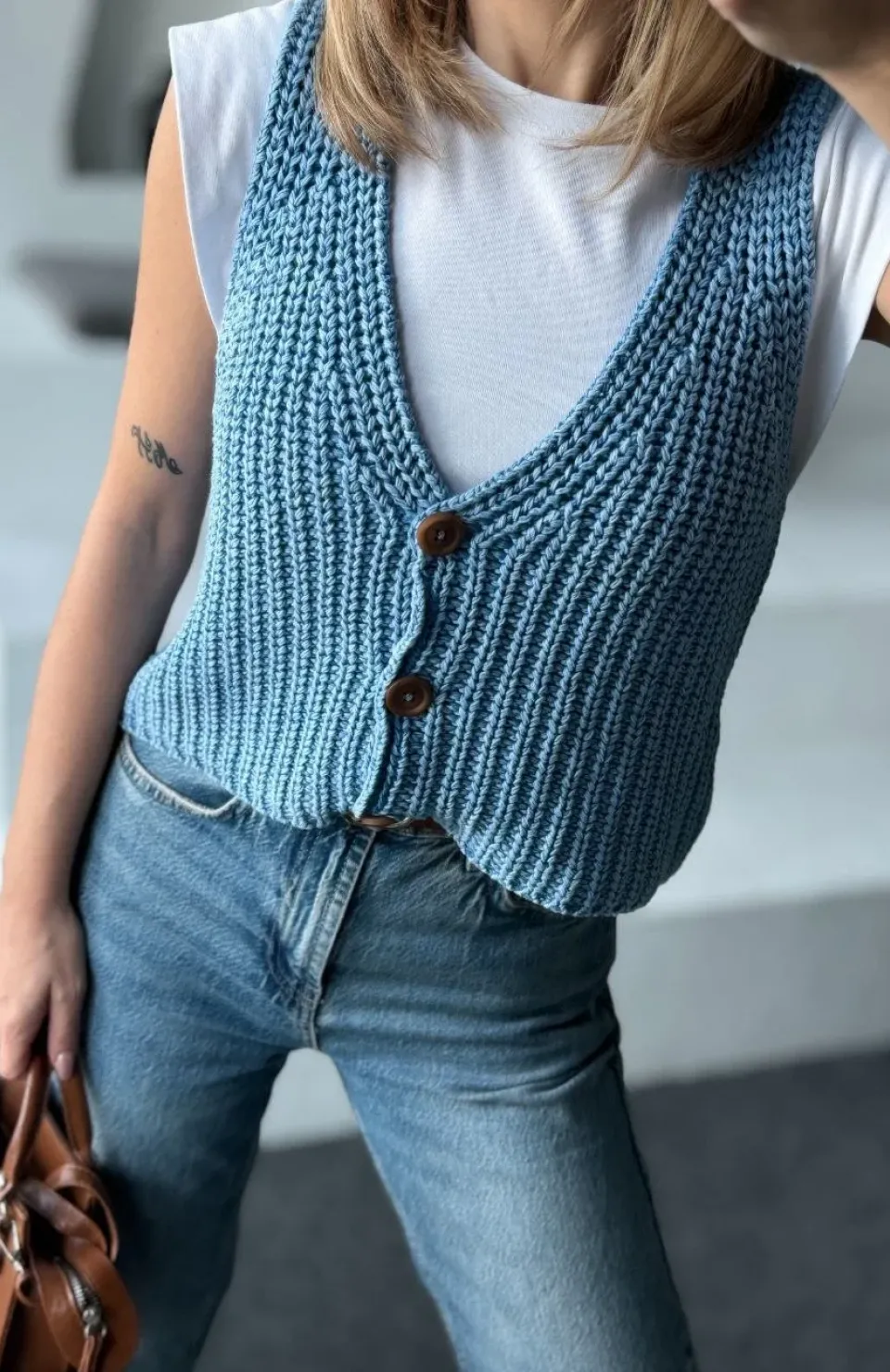 Triko Kolsuz Düğmeli Yelek - Mavi