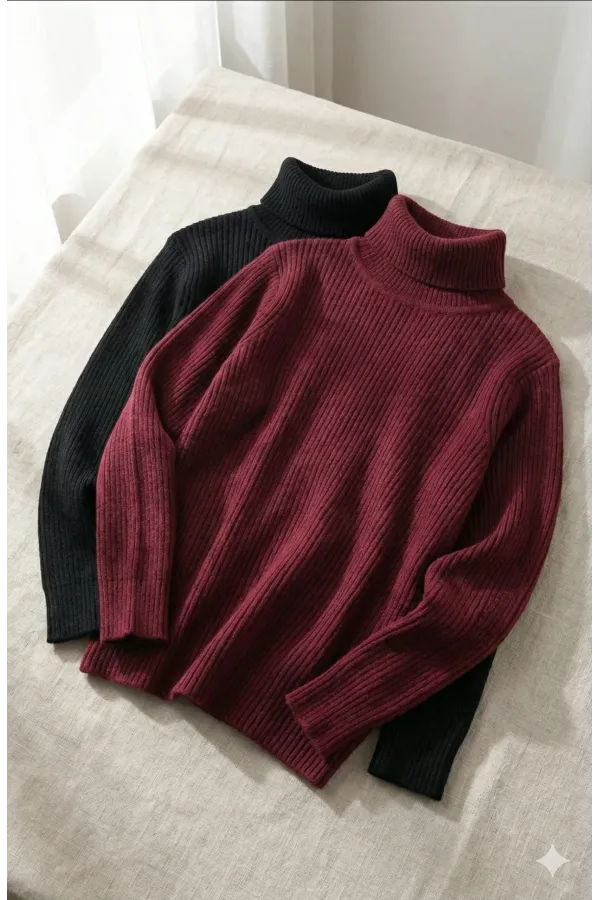 2'li Siyah Bordo Unisex Kaşkorse Boğazlı Full Likralı Fitilli Body Kazak