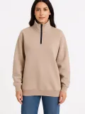 Kadın Üç İplik Dık Yaka Yarım Fermuarlı SweatShirt - Bej