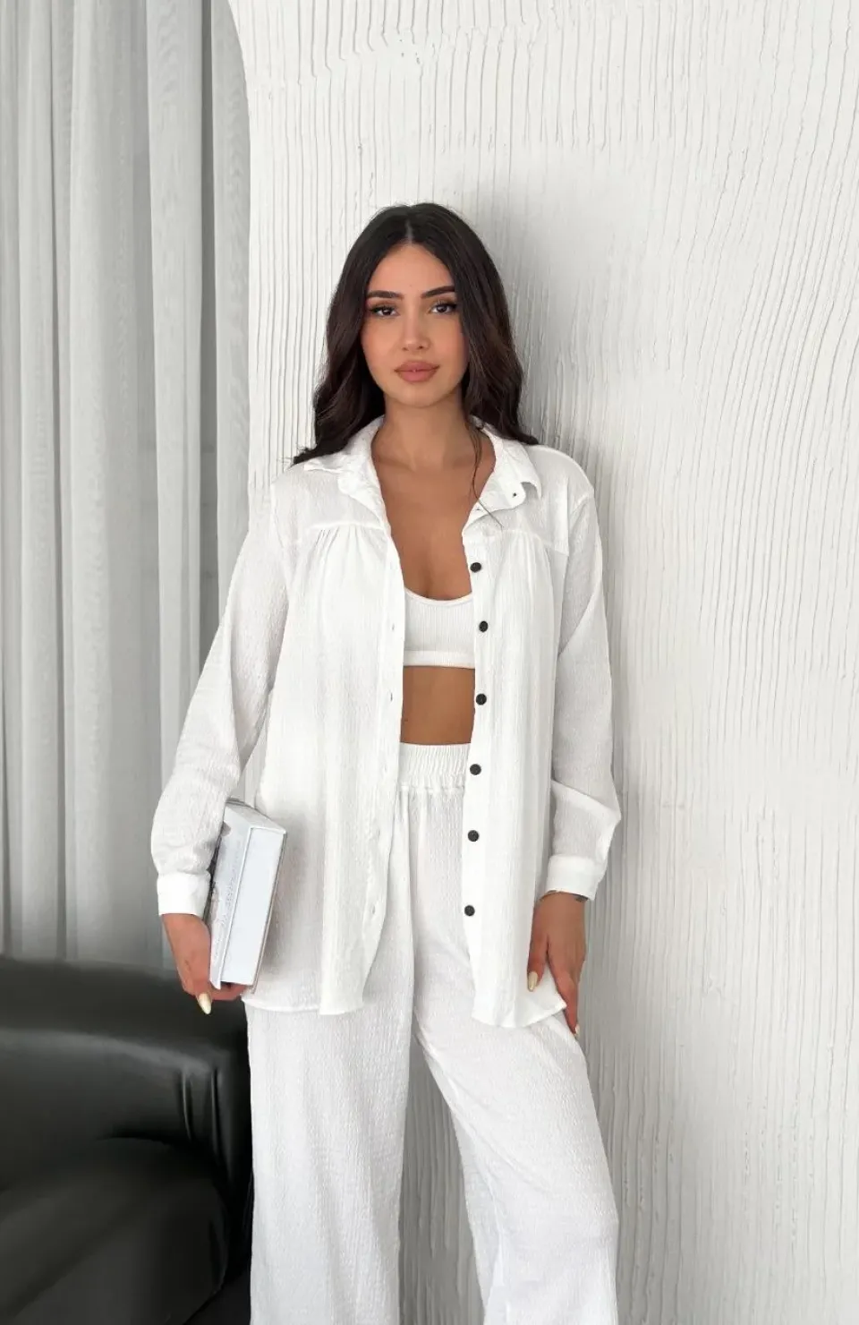 Yakalı Düğmeli Uzun Kollu Gömlek Pantolon ikili Takım - Beyaz