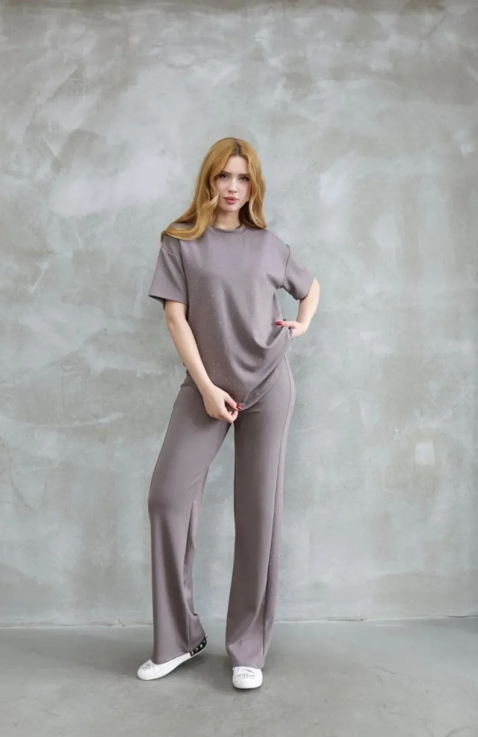 Osy Modal Yumuşak dokulu Kumaş Bisiklet Yaka Taş detaylı Kısa Kollu Takım - Vizyon