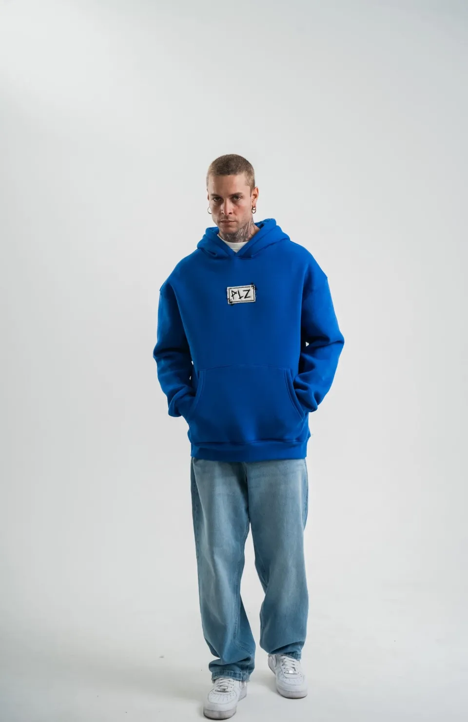 Unisex Kapşonlu Uzun Kol Patchli Nakışlı SweatShirt - Mavi