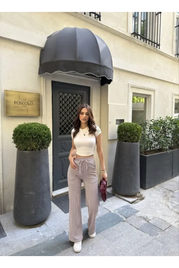 Su Yolu Çizgili kolay Kombinle Ne Bilir Cepli Pantolon - Bordo