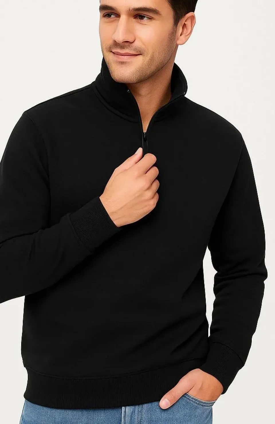 Erkek Dik Yaka Sweatshirt Dik Yaka Yarım Fermuarlı 3 İplik Şardonlu Pamuk Kumaş - Siyah