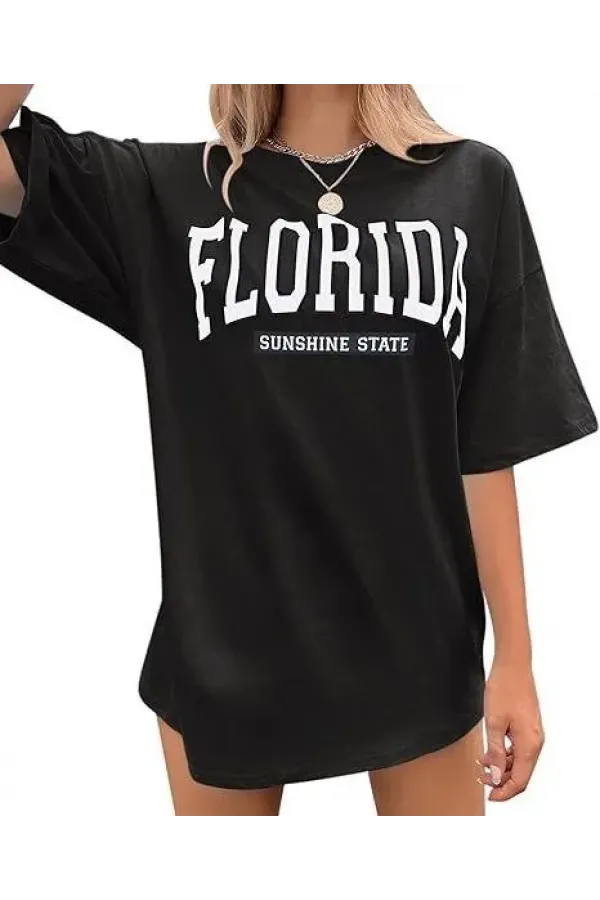 Kadın Bisiklet Yaka Baskılı T-shirt - Siyah