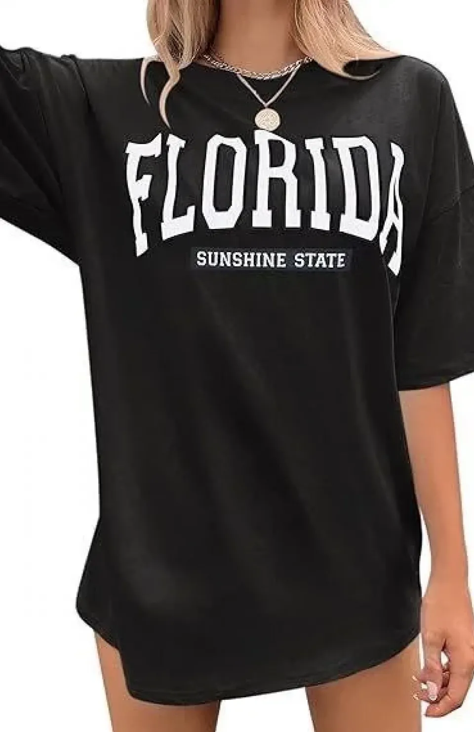 Kadın Bisiklet Yaka Baskılı T-shirt - Siyah