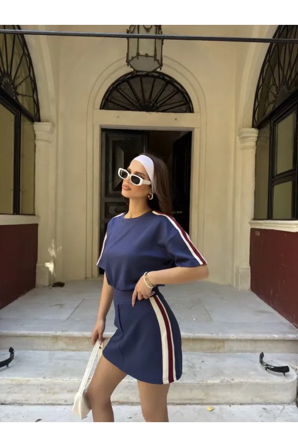 Osy Modal yumuşak dokulu Kumaş Kadın Parçalı Bisiklet Yaka T-shirt Mini Şortlu Etek İkili Takım -Lacivert