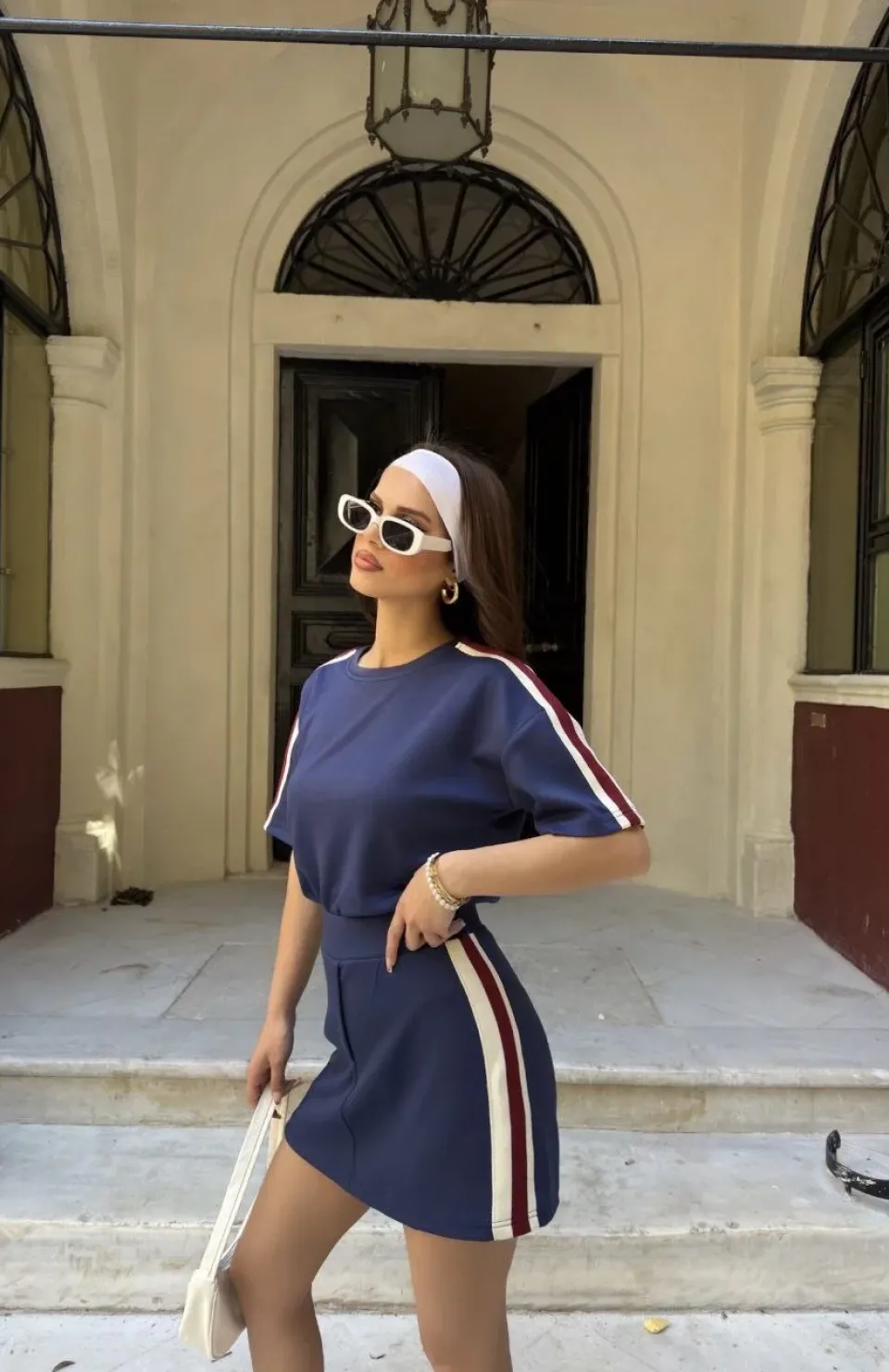 Osy Modal yumuşak dokulu Kumaş Kadın Parçalı Bisiklet Yaka T-shirt Mini Şortlu Etek İkili Takım -Lacivert