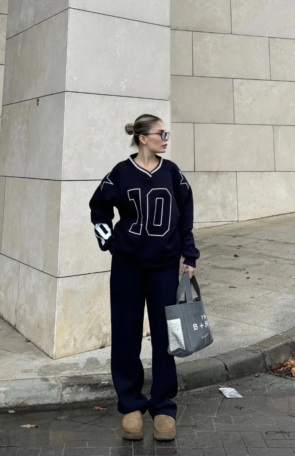 V Yaka Üç İplik Sweat Takım - Siyah