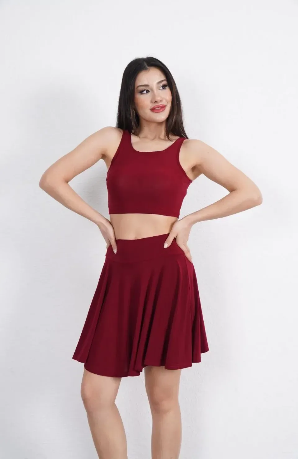 Sendy Kumaş Bisiklet Yaka Crop Şortlu Etek ikili Takım - Bordo