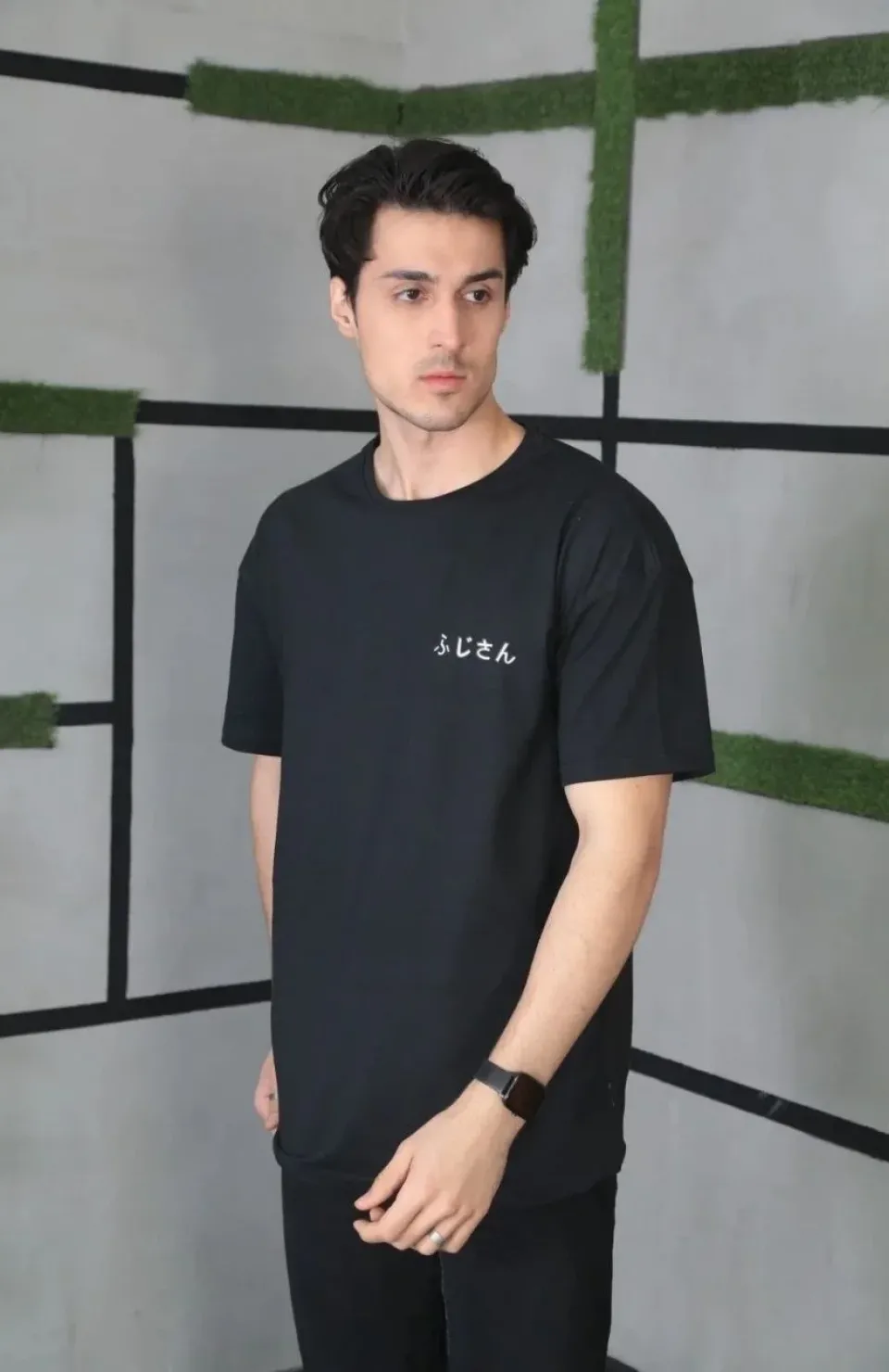 Unisex Bisiklet Yaka Baskılı Oversize T-Shirt - Siyah