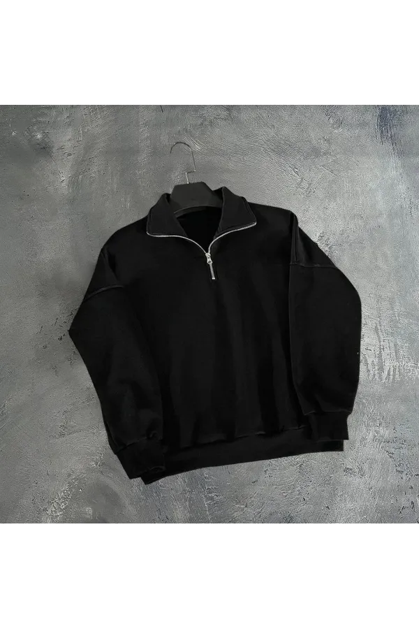 Erkek Yarım Fermuarlı Üç İplik Sweatshirt - Siyah