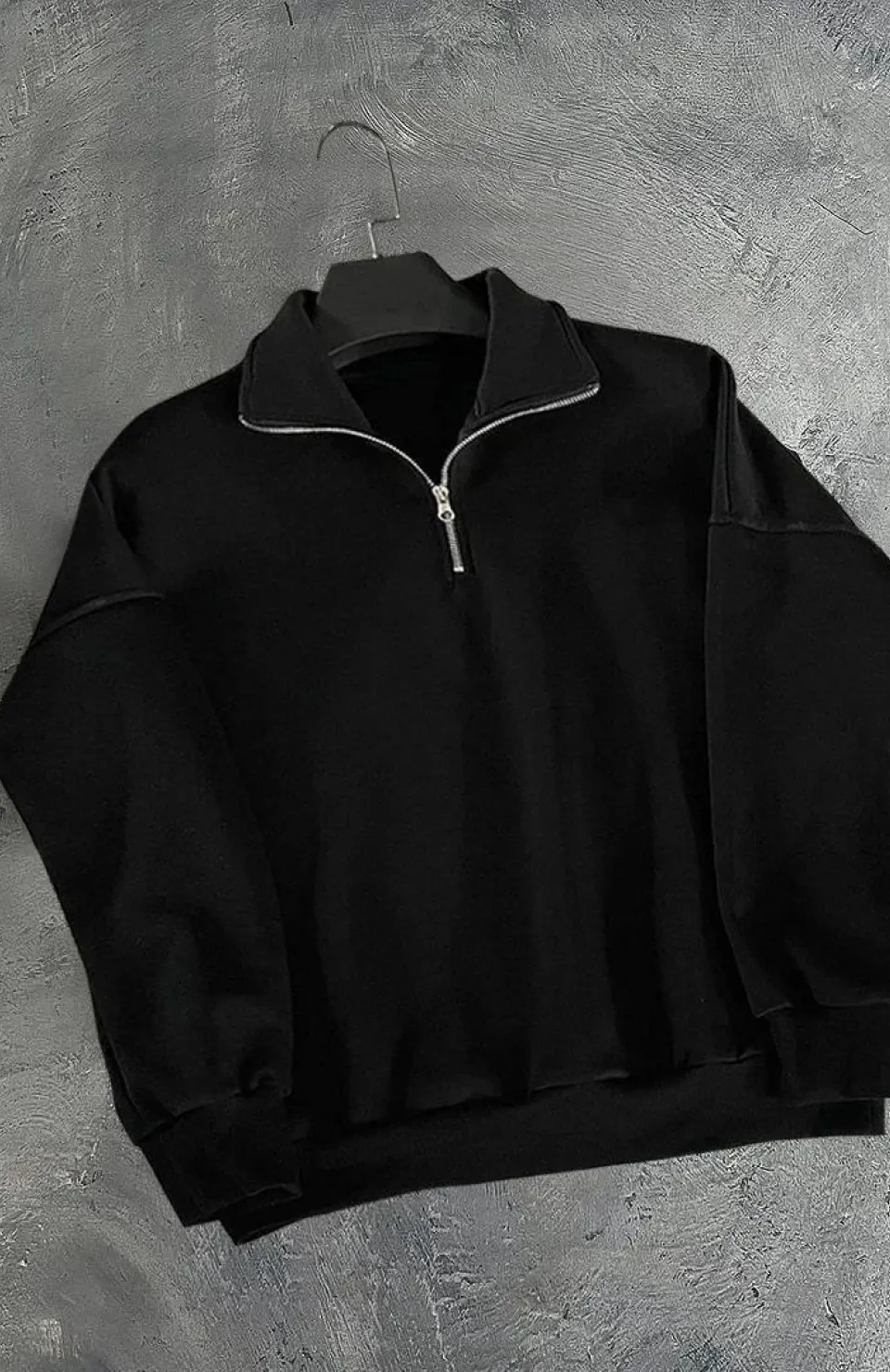 Erkek Yarım Fermuarlı Üç İplik Sweatshirt - Siyah