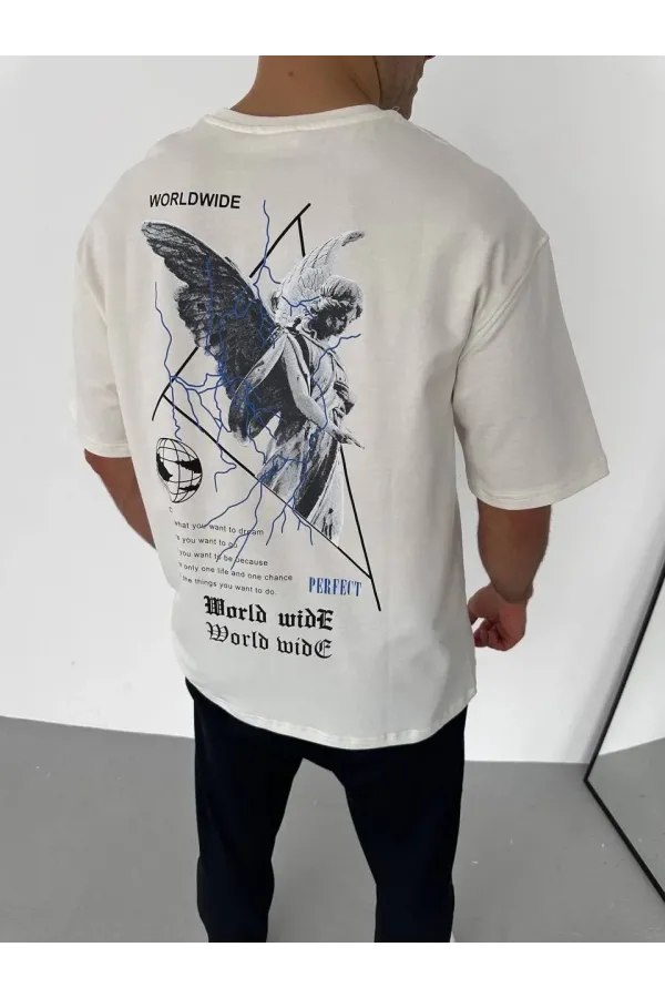 Unisex Bisiklet Yaka Baskılı Oversize T-Shirt - Beyaz