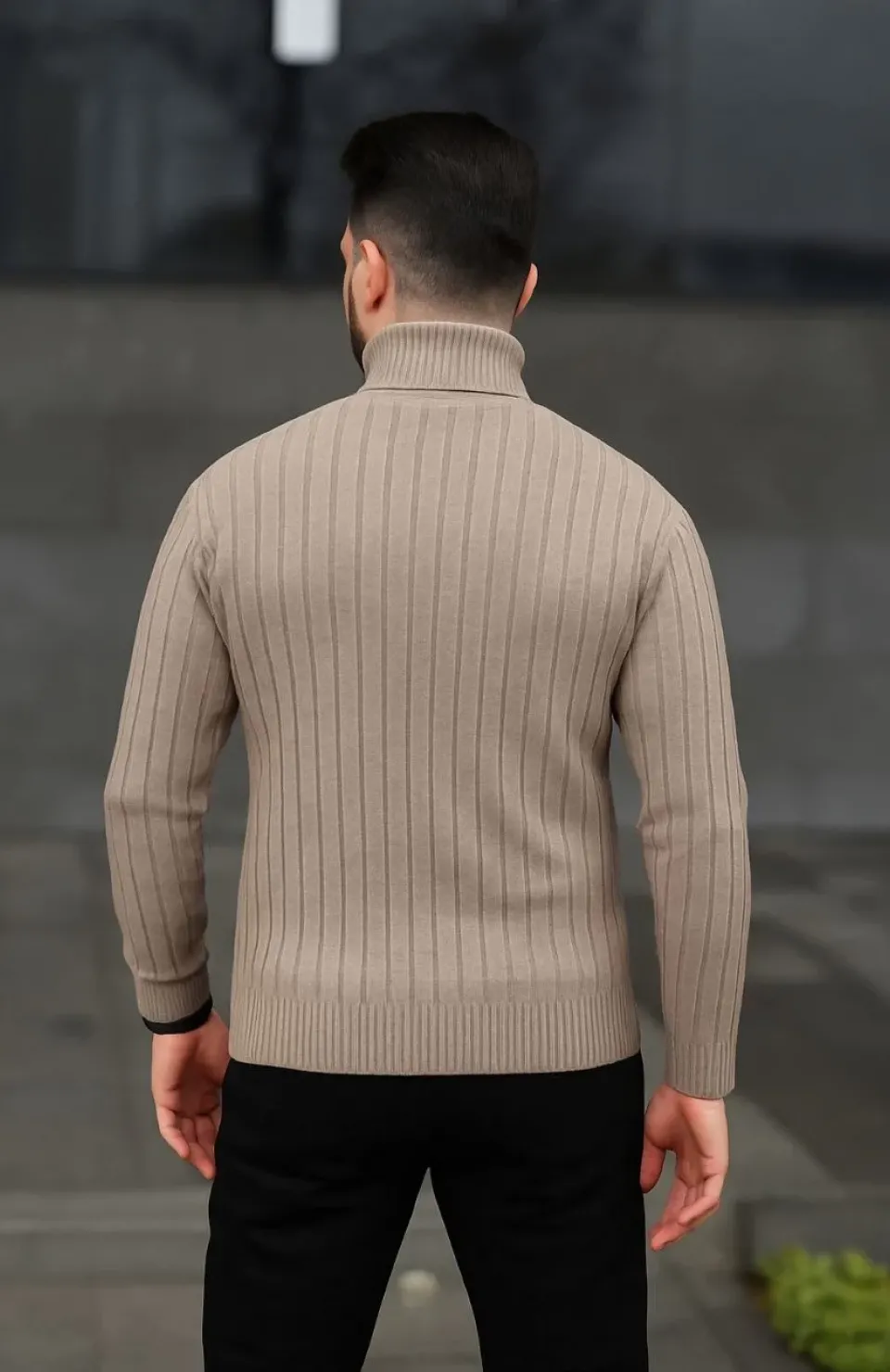 Erkek Balıkcı Yaka Bağazlı Triko Kazak Pamuklu Kalın Fitilli Dokuma, Regular Fit Uzun Kollu Kışlık Model - Bej