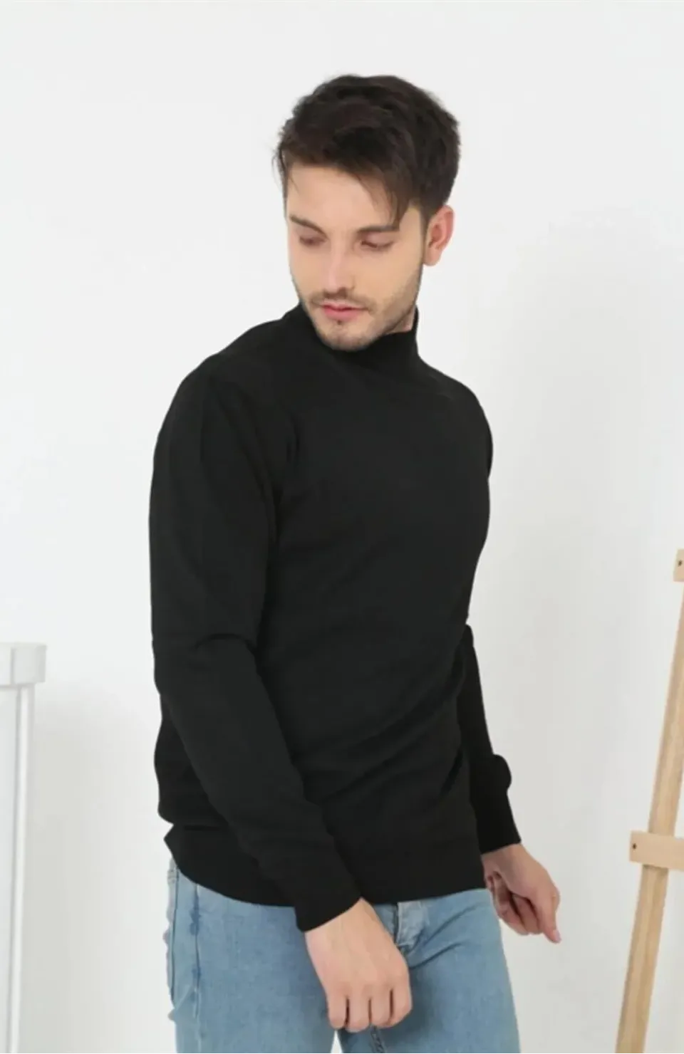 Erkek Yarım Balıkçı Yaka Triko Kazak - Siyah