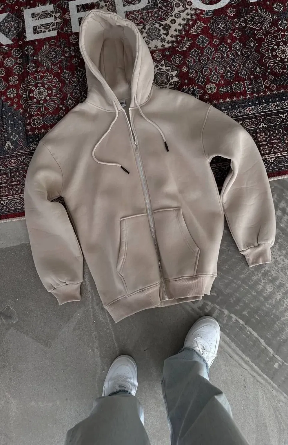 Oversize Tam Fermuarlı Uzun Kol Hırka - Bej