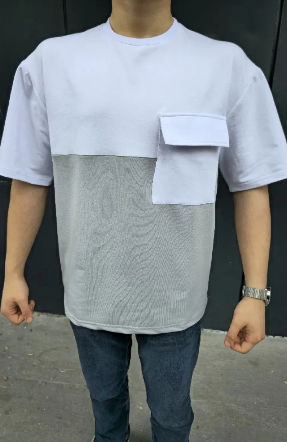 Unisex Torba Cep Detaylı Parçalı T-Shirt - Gri