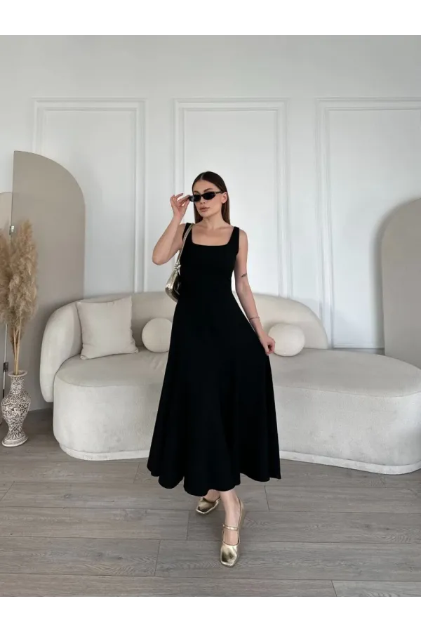 Sırt Dekolteli Kolsuz Uzun Elbise - Siyah