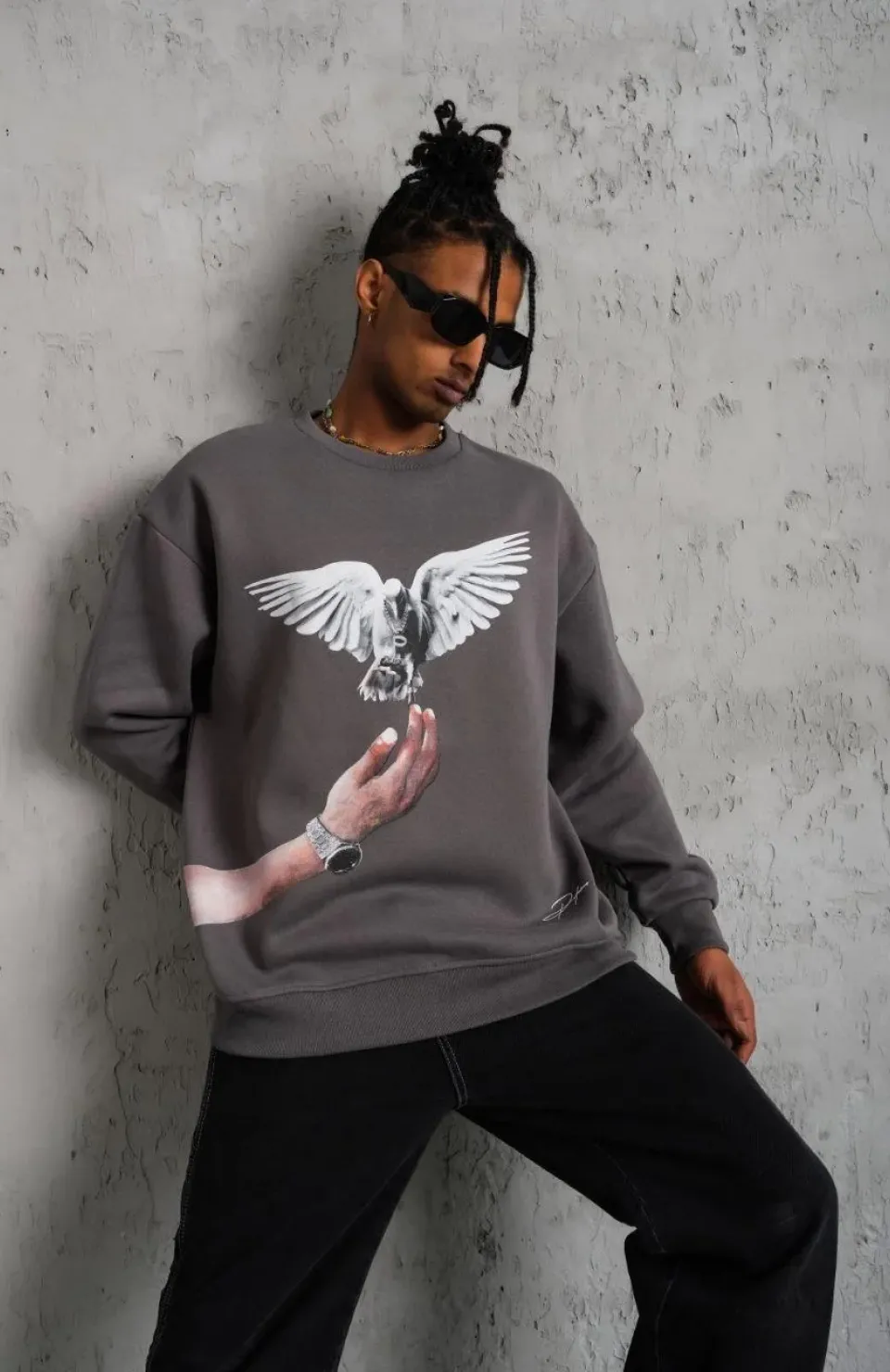 Erkek Güvercin Baskılı Sweatshirt - Gri Somersan Giyim | Kadın, Erkek ve Çocuk Moda