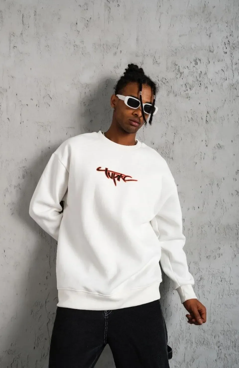 Erkek 3 İplik Gangster Baskılı Sweatshirt - Beyaz Somersan Giyim | Kadın, Erkek ve Çocuk Moda