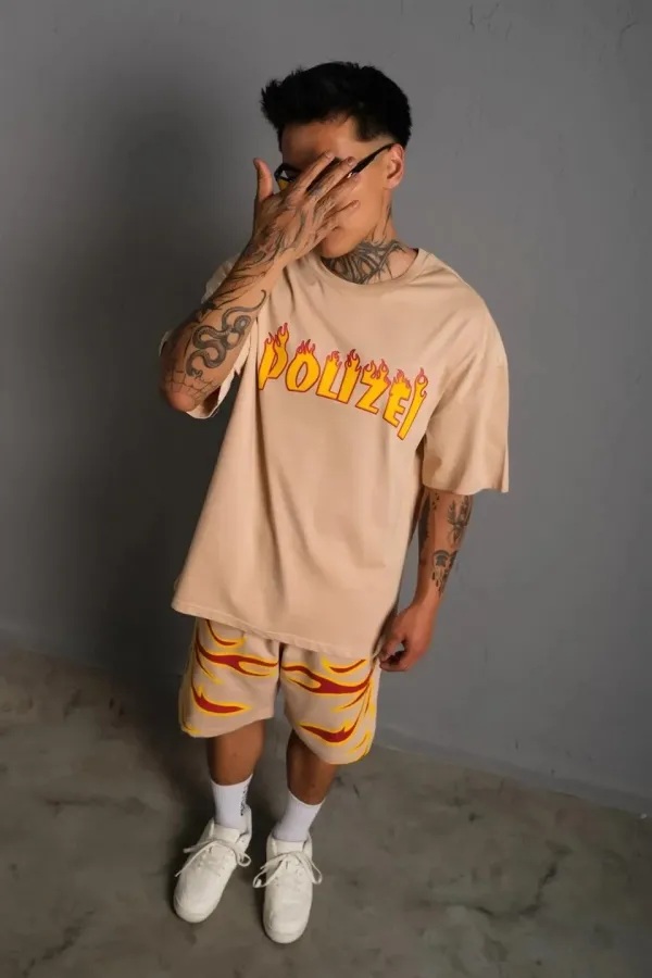 Erkek Alev Baskılı İkili Şortlu Takım - Bej