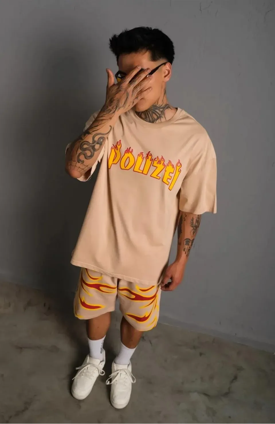 Erkek Alev Baskılı İkili Şortlu Takım - Bej